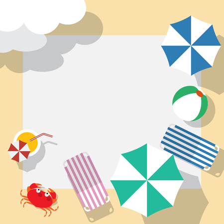 Summertime traveling template with beach summer accessories, vector illustration.のイラスト素材