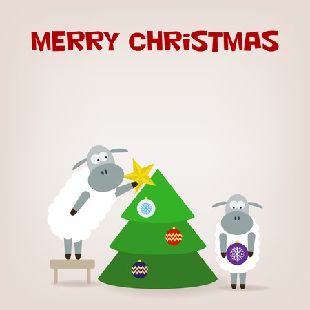 Cartoon funny sheep dresses up a fir-tree. Vector illustrationのイラスト素材