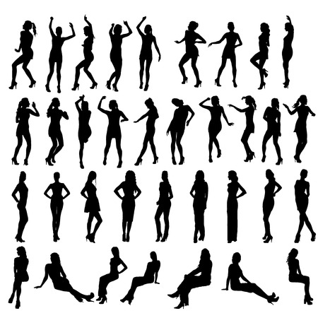 Vector silhouettes of dancing, standing and sitting women. Women in various poses.のイラスト素材