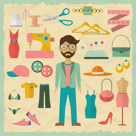 Fashion designer male character design with fashion objects. Fashion designer icons. Flat design vector illustration.のイラスト素材