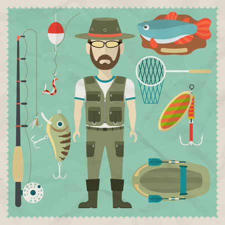 Fisherman flat character.  Fishing flat icons. Vector flat illustrationsのイラスト素材