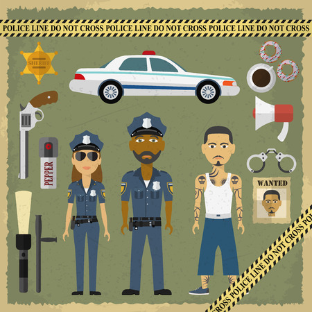 Two police officers, man and woman, and criminal man in flat style. Police and criminal flat icons. Vector illustration.のイラスト素材