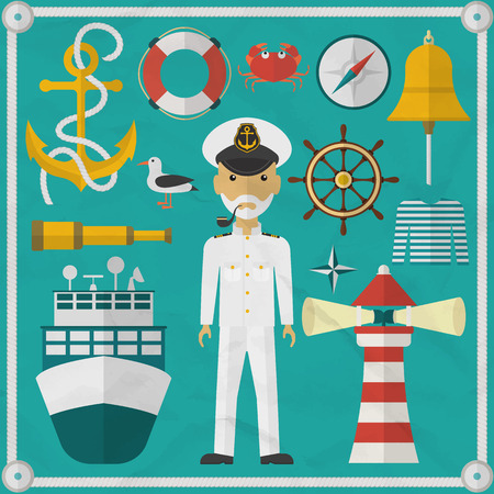 ?aptain, sailor, flat style character and nautical elements. Nautical flat icons. Vector illustrationのイラスト素材