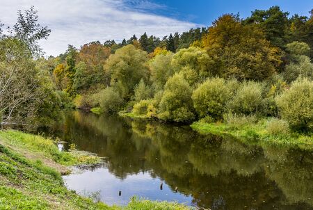 Beautiful autumn landscape, dry trees, cloudy sky, tree reflected in lake, seasons change, sunny...