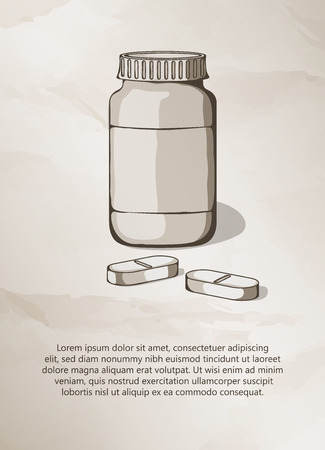 Blank medicine bottle and pills. Vintage Label, Logo, Frame, Brochures. Design Templates. Vector illustration.のイラスト素材