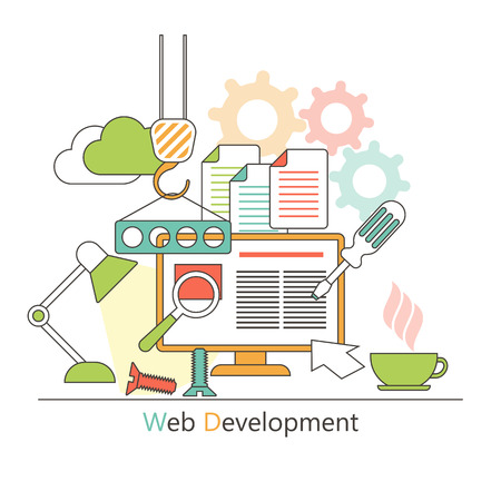 Web design concept. Flat style. Icons for web design, application development, services and programming. Vector illustration.のイラスト素材
