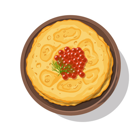 Russian pancakes with red caviar on a plate isolated on white. Vector illustrationのイラスト素材