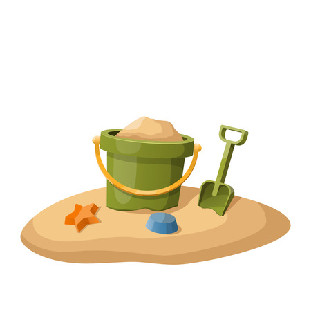 Toy bucket and shovel in sand isolated on white. Vector illustrationのイラスト素材