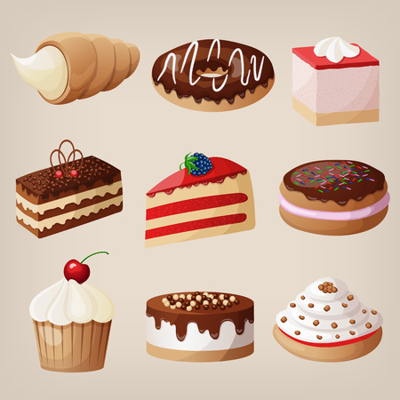 set of cakes, cookies, donuts, pies.