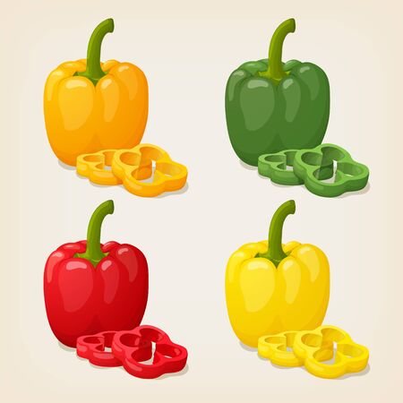 Set of Colored Yellow Green Orange and Red Sweet Bulgarian Bell Peppers, Paprika Isolated on White Backgroundのイラスト素材