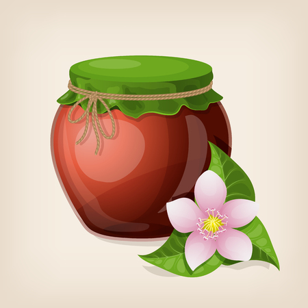 Jar of honey with leaves and a flower.のイラスト素材