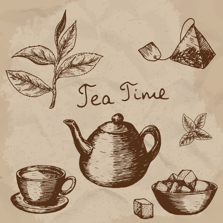 Vector collection of hand drawn tea illustration. Decorative inking vintage tea sketch.のイラスト素材
