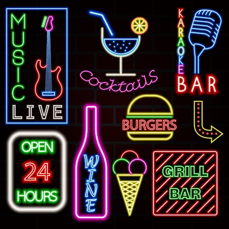 Colorful Neon sign set for wine and music. Vector illustration .のイラスト素材