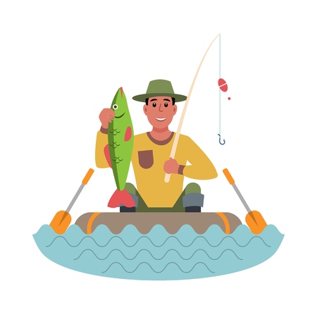 Fisherman in a boat with fish in his hands. Flat style colorful Cartoon illustration. EPS10のイラスト素材