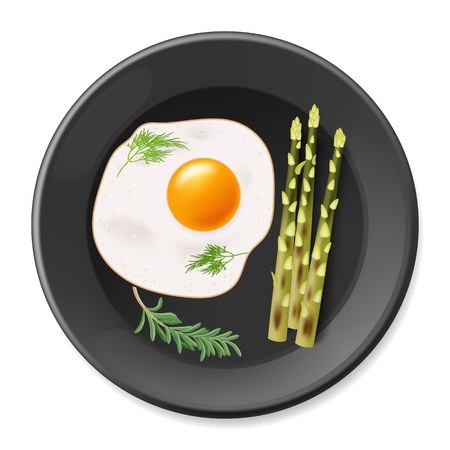Fried eggs with asparagus on the black plate. Vector illustration EPS10のイラスト素材