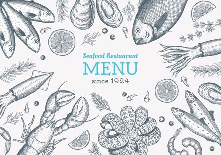 Vector frame with hand drawn seafood illustration - fresh fish, lobster, crab, oyster, mussel, squid and spice. Decorative card or flyer design with sea food sketch. Vintage menu template.のイラスト素材