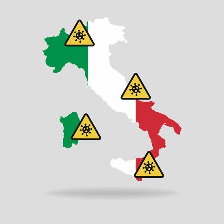 Map with the flag of Italy and Pandemic stop Novel Coronavirus outbreak covid-19 2019-nCoV sign.のイラスト素材