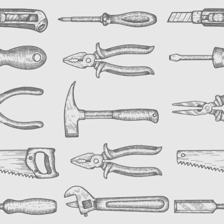 Hand tools seamless pattern. Collection of hand drawn engraved graphic. Vector illustrationのイラスト素材