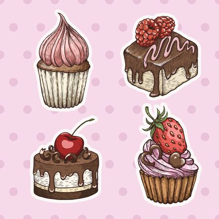 Hand drawn cakes, vintage colorful food sketches, isolated on white background. Vector illustration.のイラスト素材