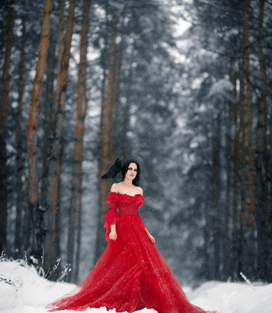 Woman witch in red dress and with raven on her shoulder in snowy forest. Her long dress lying on snow. Around snowing and snowflakes fall on hem of her dress.の写真素材