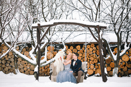 Bride and groom are sitting on swing in winter, keeping dog and laughing merrily. Around all covered with snow.の写真素材