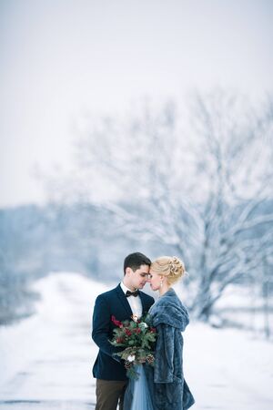 Bride and groom among snowy landscape. Bride and groom are standing and hugging.  Winter wedding outdoors. Copy space.の写真素材