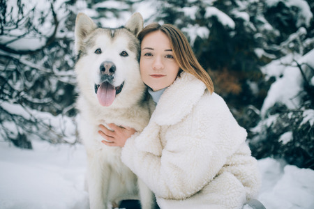 Girls is hugging dog Alaskan Malamute for a walk in winter forest against pines background.の写真素材