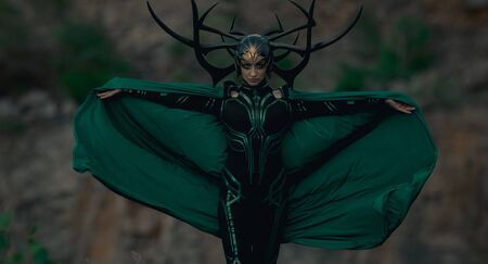 Dnipro, Ukraine- June 5, 2019: Cosplayer portrays death goddess Hela from Marvel Comics.のeditorial素材