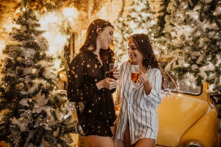 Lesbian couple holds glasses of wine in their hands and stands against the background of Christmas...