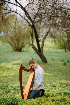 Woman harpist sits on green grass, plays harp and has relax among blooming apricot trees.