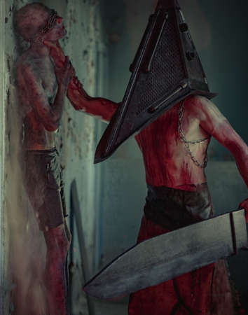 Dnipro, Ukraine - June 27, 2020: Cosplayers portray of martyr Janitor and executioner Red Pyramid...