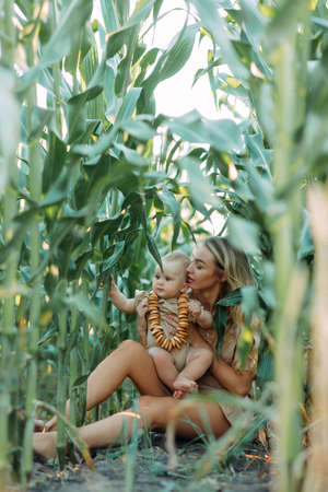 Happy young mother has fun and plays with her baby among cornfield.の写真素材