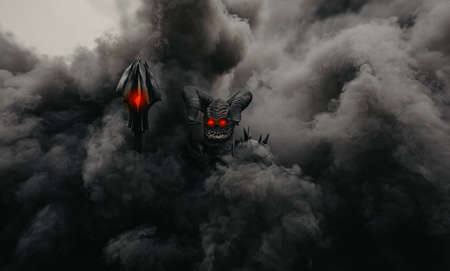 Mutant warrior stands with glowing eyes and holds mace in his hands against a background of black smoke.の写真素材