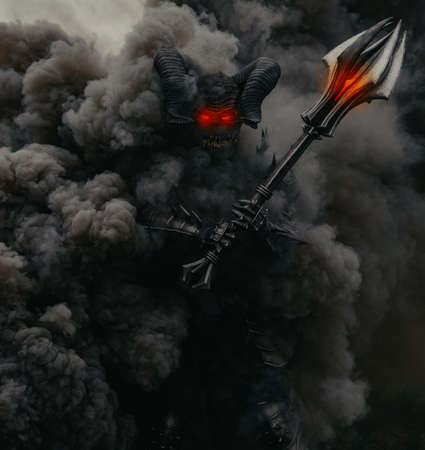 Mutant warrior stands with glowing eyes and holds mace in his hands against a background of black smoke.の写真素材