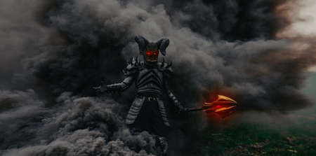 Mutant warrior stands with glowing eyes and holds mace in his hands against a background of black smoke.の写真素材
