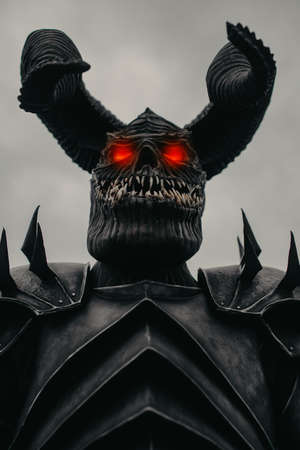 Portrait of a mutant warrior in armor with terrible teeth, horns and glowing eyes against sky...