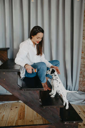 Young woman sits on the staircase and plays with puppy of dalmatian dog.の写真素材