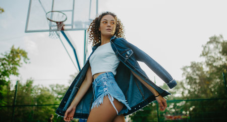Beautiful young woman poses in denim shorts, jacket and sunglasses among basketball playground against background of basketball hoop.の写真素材