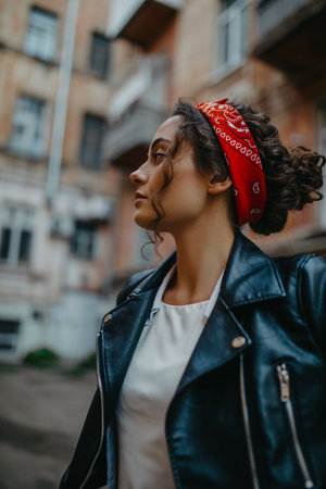 Portrait of young beautiful woman in jacket on city street against background of houses.の写真素材