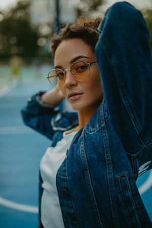 Portrait of beautiful young woman in denim jacket and sunglasses among basketball playground.
