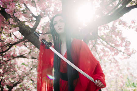 Portrait of young woman in image of geisha dressed traditional kimono with Japanese samurai sword in...