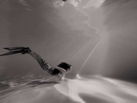 Beautiful young woman with mermaid tail swims and dives under sunlit deep water. Black and white image.の写真素材