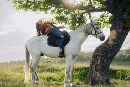 Young woman in unbuttoned jacket sits horseback on white horse near tree and enjoys by walk on meadow.の写真素材