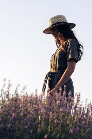 Young woman walks among lavender field and enjoys by blooming. Bottom view against the sky.の写真素材
