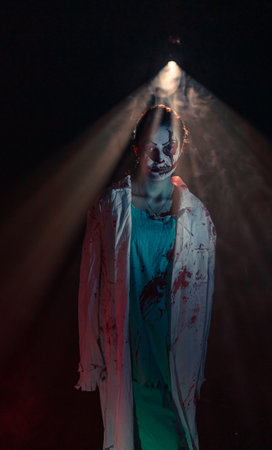 Young woman portraying bloodthirsty zombie with horror wounds on her face and bloody clothes against...
