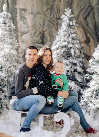 Happy parents with baby son pose on sled in studio among Christmas trees decorated by artificial snow.の写真素材