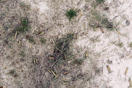 Top view of a large number of spent cartridge case from a  assault rifle lying on the sand in the...