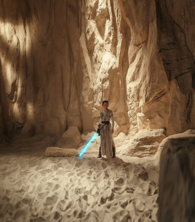 Kyiv, Ukraine - April 14, 2023: Cosplayer girl portrays character Rey Skywalker from the Star Wars universe with blue blade lightsaber in her hand among sandy canyon.のeditorial素材