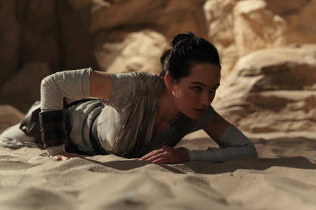 Kyiv, Ukraine - April 14, 2023: Cosplayer girl portraying character Rey Skywalker from the Star Wars...