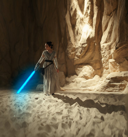 Kyiv, Ukraine - April 14, 2023: Cosplayer girl portrays character Rey Skywalker from the Star Wars universe with blue blade lightsaber in her hand among sandy canyon.のeditorial素材